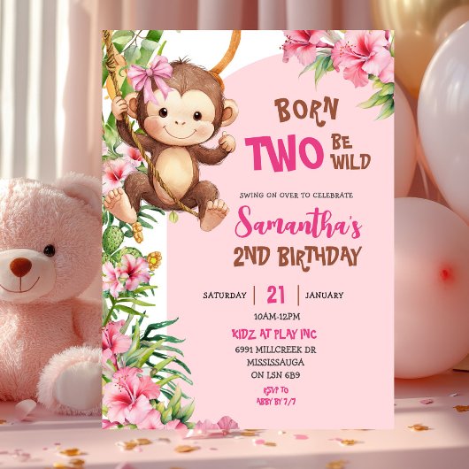 Invitation Pink Savannah Monkey Born Two Be Wild 2nd Birthday