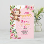 Invitation Pink Savannah Monkey Let's Go Bananas Birthday (Debout devant)