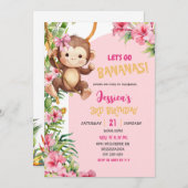 Invitation Pink Savannah Monkey Let's Go Bananas Birthday (Devant / Derrière)