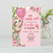 Invitation Pink Savannah Sloth Let's Hang Out Birthday (Debout devant)