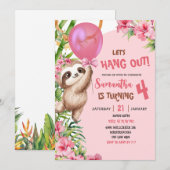 Invitation Pink Savannah Sloth Let's Hang Out Birthday (Devant / Derrière)