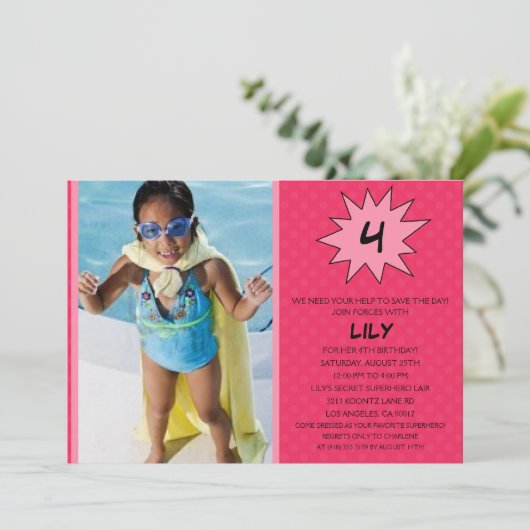 Invitation Pink Save the Day Superhero Photo Party Birthday (Debout devant)
