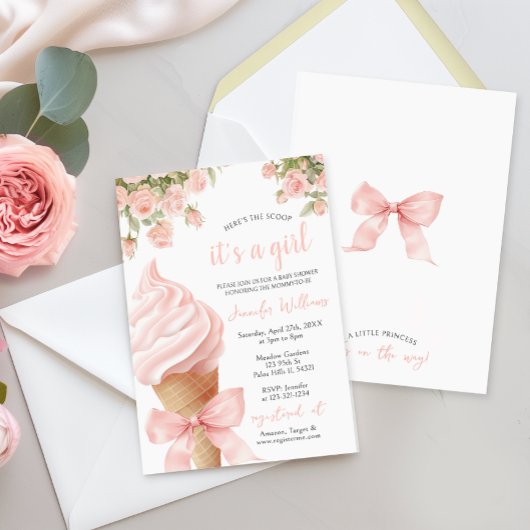 Invitation Pink Scoop Crème glacée Bow été bébé fille douche