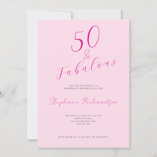 Invitation Pink Script Fifty and Fabulous 50th Birthday Party (Devant)