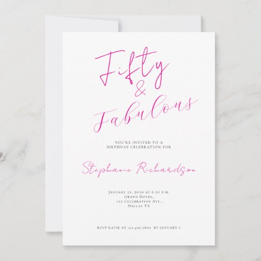 Invitation Pink Script Fifty and Fabulous 50th Birthday Party (Devant)