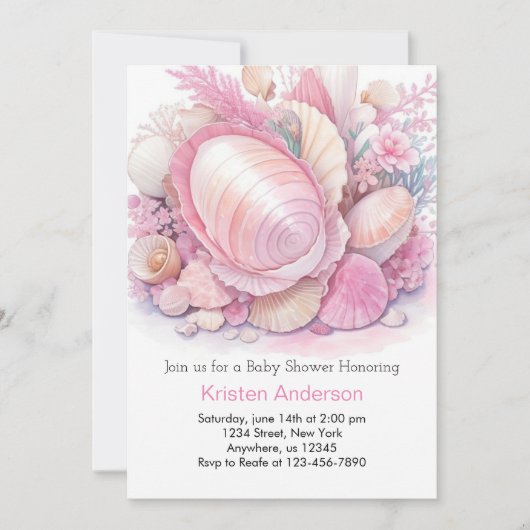 Invitation Pink Seashell Adventure Seashore Girl Baby shower (Devant)