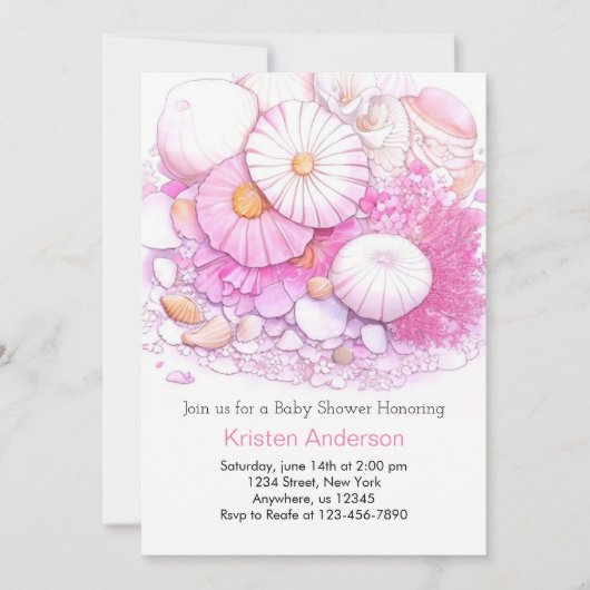 Invitation Pink Seashell Aventure Shore Girl Baby shower (Devant)