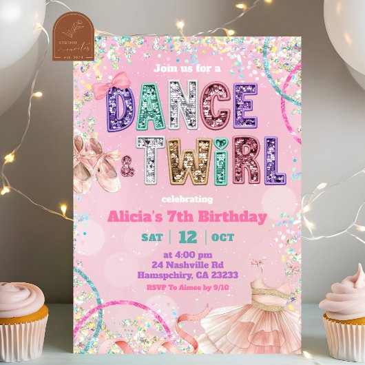 Invitation Pink Sequin ballet dance and twirl birthday