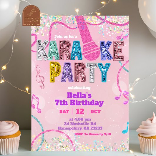 Invitation Pink Sequin Glitter Karaoke Party Birthday Invitat
