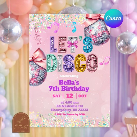 Invitation Pink Sequin Glitter Let's Disco Birthday