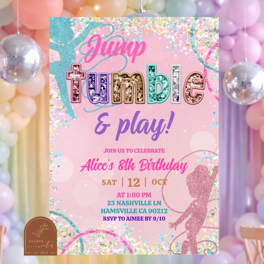 Invitation Pink Sequin glitters gymnastic birthday 