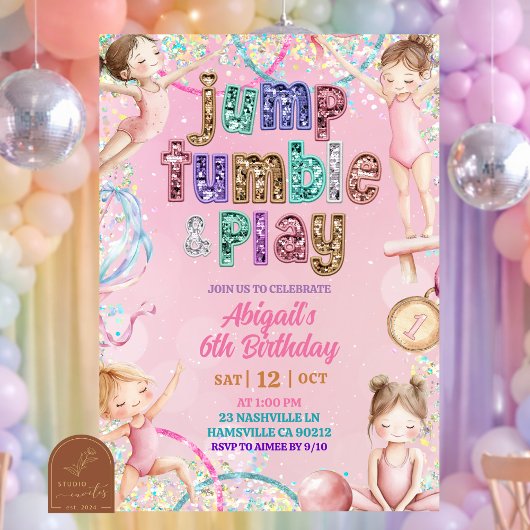 Invitation  Pink Sequin gymnastic girls birthday 