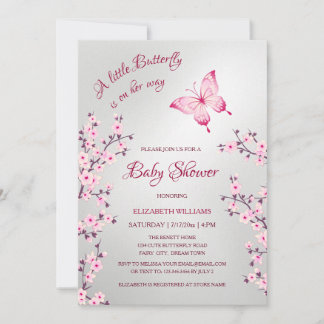 Invitation Pink Silver Butterfly | Girl Baby Shower