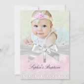 Invitation Pink Silver Cross Dentelle Bow Photo Baptême (Devant)