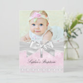 Invitation Pink Silver Cross Dentelle Bow Photo Baptême (Debout devant)