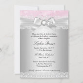 Invitation Pink Silver Cross Dentelle Bow Photo Baptême (Dos)