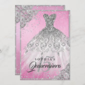 Invitation Pink Silver Dentelle Diamond Étincelle Gown Quince (Devant / Derrière)