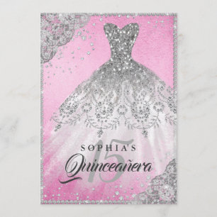 Invitation Pink Silver Dentelle Diamond Étincelle Gown Quince