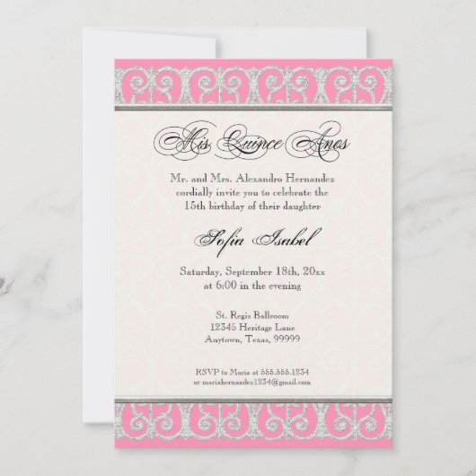 Invitation Pink & Silver, Diamonds & Lace, Mis Quince Anos (Devant)
