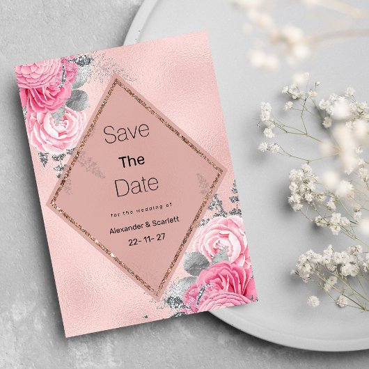Invitation Pink silver glitter peony floral Save The Date