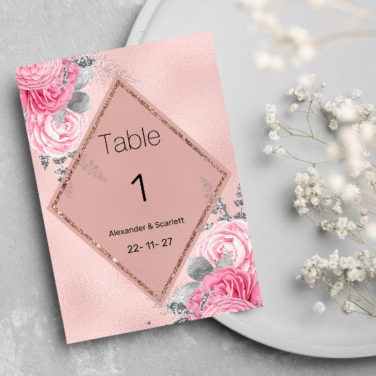 Invitation Pink silver glitter peony floral Table Numbers