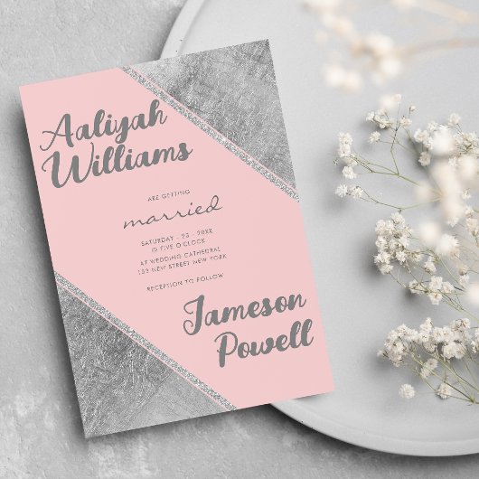 Invitation Pink silver glitter script calligraphy wedding