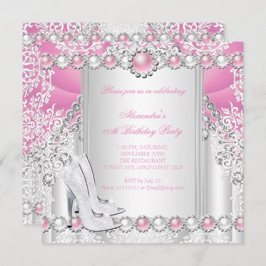 Invitation Pink Silver High Heels Pearthday Party 2 (Devant / Derrière)