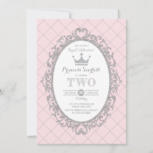 Invitation Pink Silver Princess 2e fête d'anniversaire Couron (Devant)