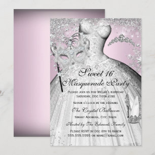 Invitation Pink Silver Princess Masquerade Sweet 16 Invitatio