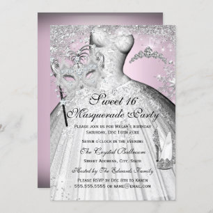 Invitation Pink Silver Princess Masquerade Sweet 16 Invitatio