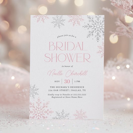 Invitation Pink Silver Snowflake Winter Bridal Shower