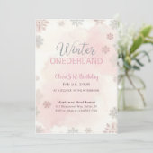 Invitation Pink Silver Snowflake Winter Girl First Birthday (Debout devant)