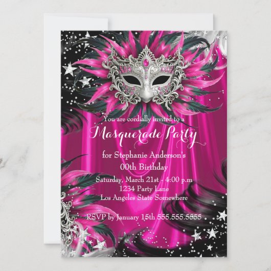 Invitation Pink Silver Sparkle Magical Night Masquerade Party (Devant)