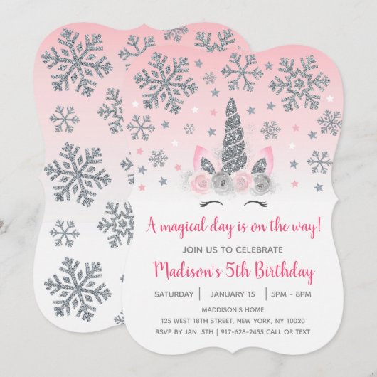 Invitation Pink & Silver Winter Unicorn Magique Anniversaire (Devant / Derrière)
