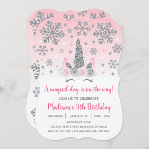 Invitation Pink & Silver Winter Unicorn Magique Anniversaire