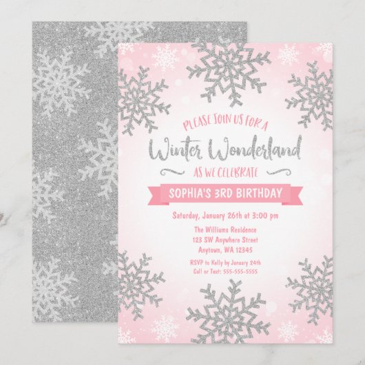 Invitation Pink Silver Winter Wonderland Girl Anniversaire (Devant / Derrière)