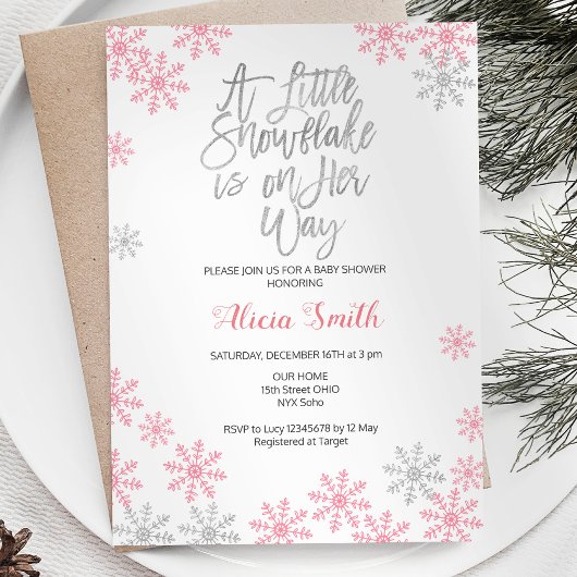 Invitation Pink Silver Winter Wonderland Girl Baby shower