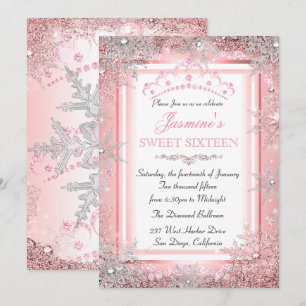 Invitation Pink Silver Winter Wonderland Sweet 16 Party