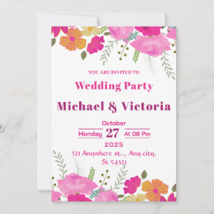 Invitation Pink Simple Floral aquarelle fête de mariage