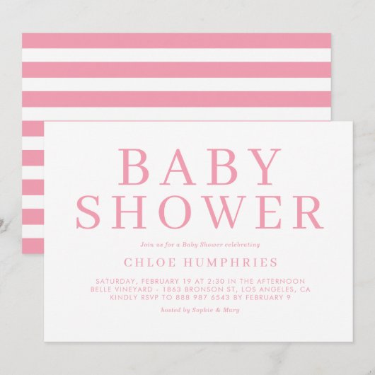 Invitation Pink Simple Typographie Stripes Girl Baby shower (Devant / Derrière)