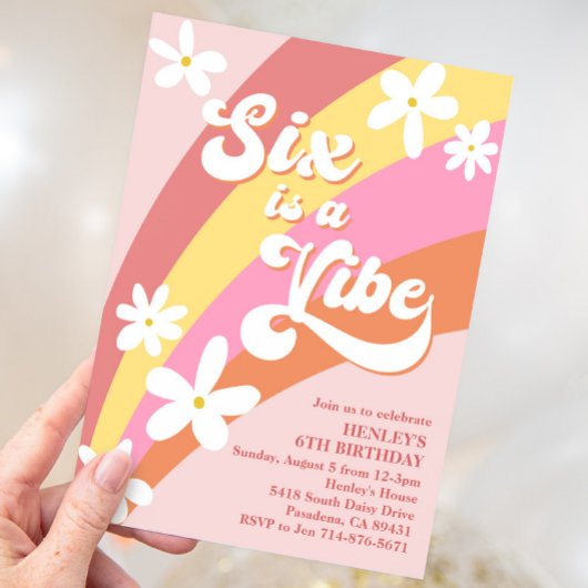 Invitation Pink Six est Vibe Retro Daisies Rainbow Anniversai