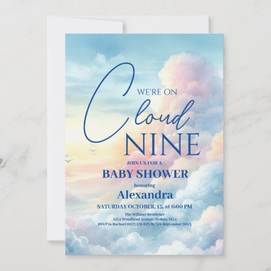 Invitation Pink Sky Cloud Neuf Baby shower d'aquarelle (Devant)