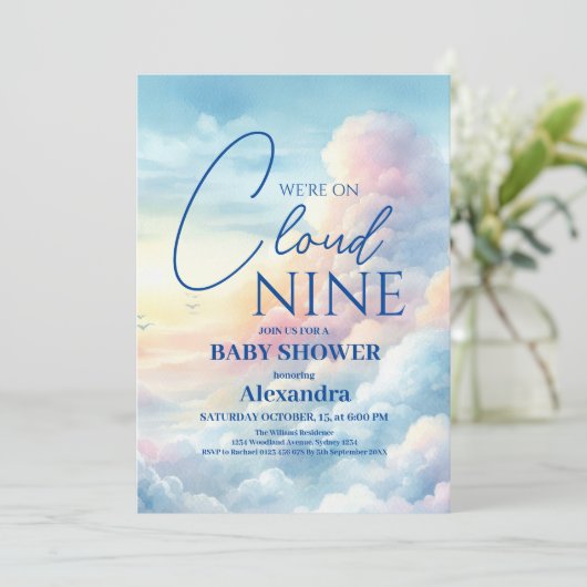 Invitation Pink Sky Cloud Neuf Baby shower d'aquarelle (Debout devant)