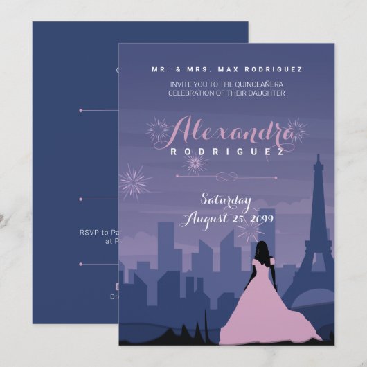 Invitation Pink & Slate Blue Paris Fireworks Quinceañera (Devant / Derrière)