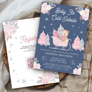 Invitation Pink Sleigh Cute Teddy Bear Dusty Baby shower bleu