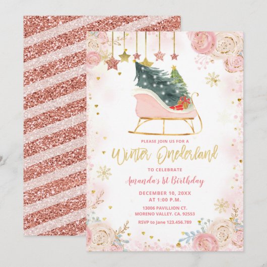 Invitation  Pink Sleigh Winter Onederland Anniversaire Invita (Devant / Derrière)