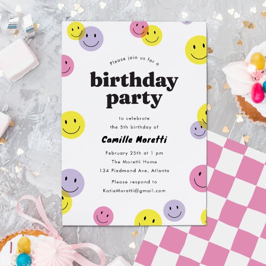 Invitation Pink Smiling Happy Face Anniversaire de enfant Par