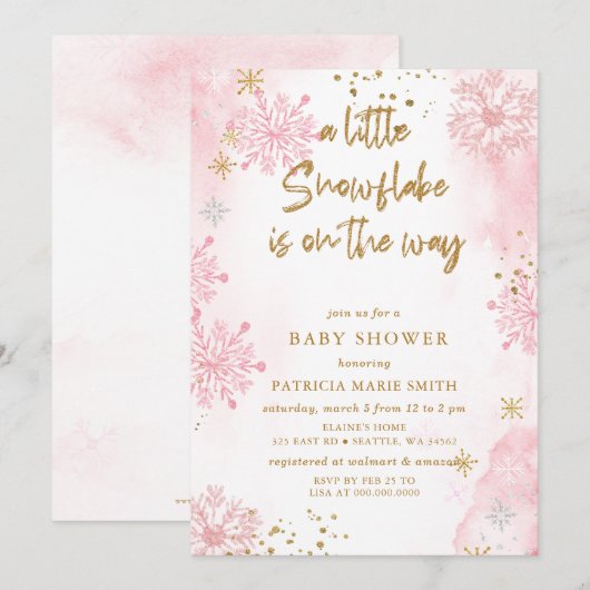 Invitation Pink Snowflake est sur le chemin Baby shower d'hiv (Devant / Derrière)