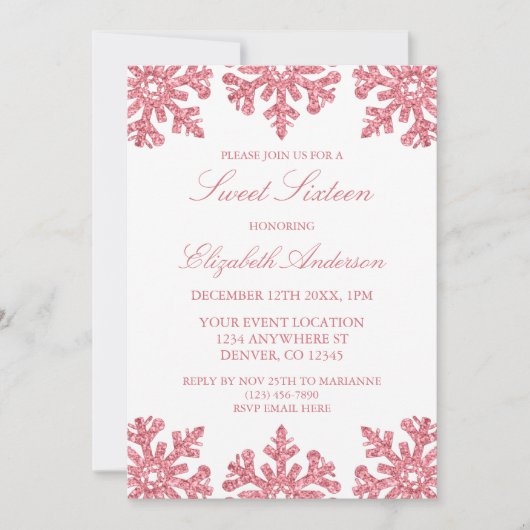 Invitation Pink Snowflake hiver Sweet 16 (Devant)