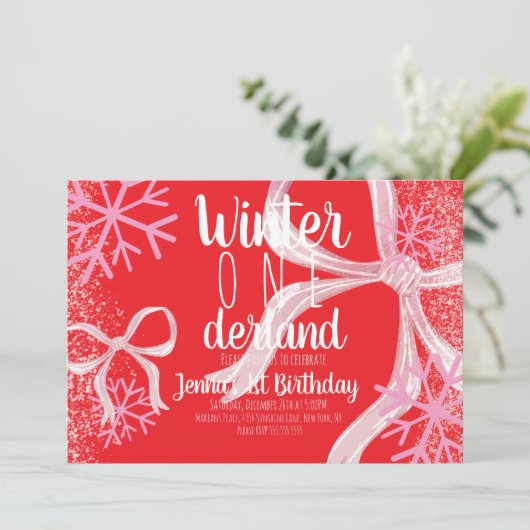 Invitation Pink Snowflake Snowy Script First Birthday Bow (Debout devant)
